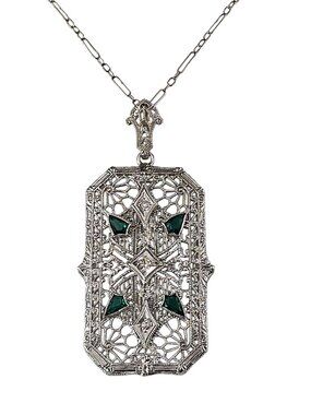 14K White Gold, Diamond and Synthetic Emerald Filigree Pendant Necklace #25134